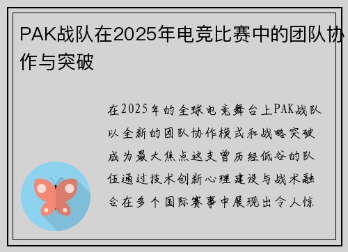 PAK战队在2025年电竞比赛中的团队协作与突破
